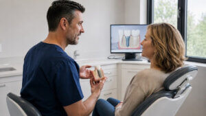 A dentist explaining the dental implant process to a patient using a physical implant model.