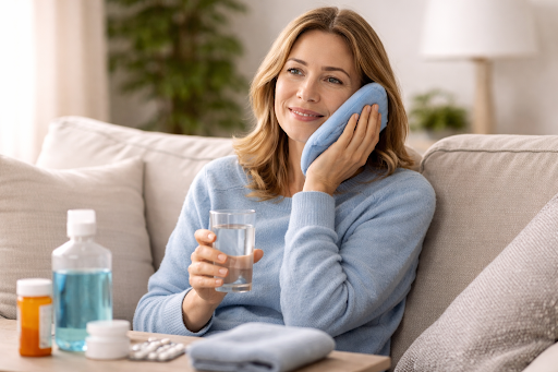 A person using an ice pack to ease pain while recovering from a dental implant surgery.