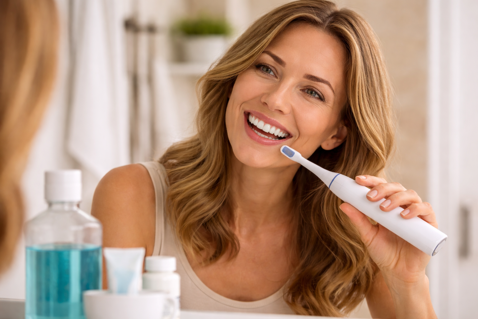 A person brushing her teeth to elongate the lifespan of her veneers.