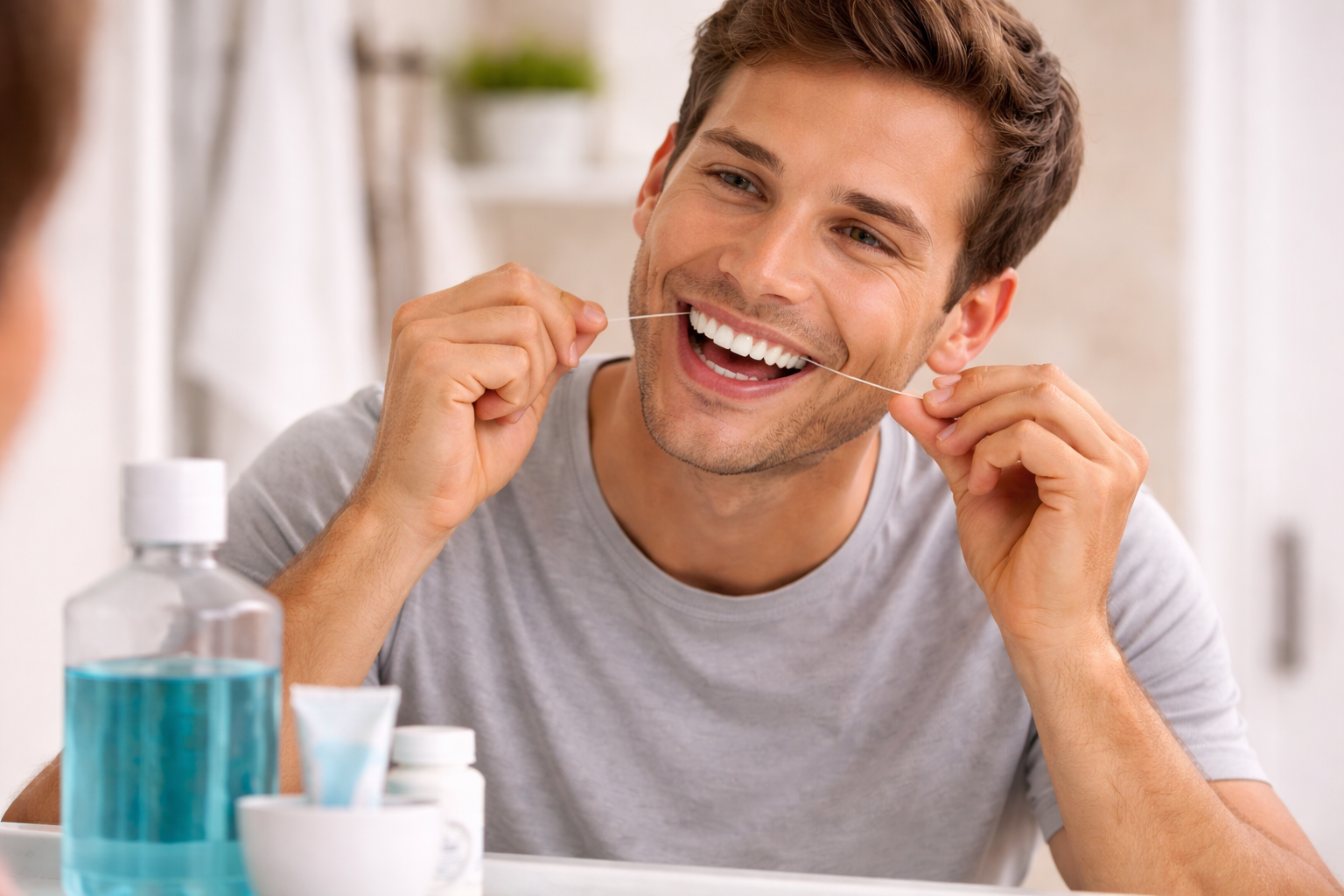 A person flossing their teeth to remove the buildup of plaque on the veneers. 