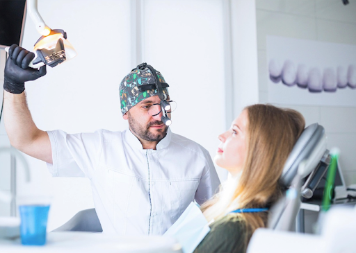 A person at a consultation for dental implant surgery. 
