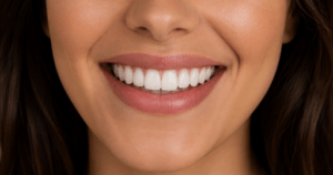 Close-up of a woman, showing off the natural-looking results of her 3D printed veneers.