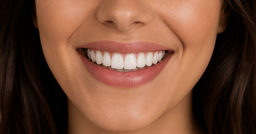 Close-up of a woman, showing off the natural-looking results of her 3D printed veneers.