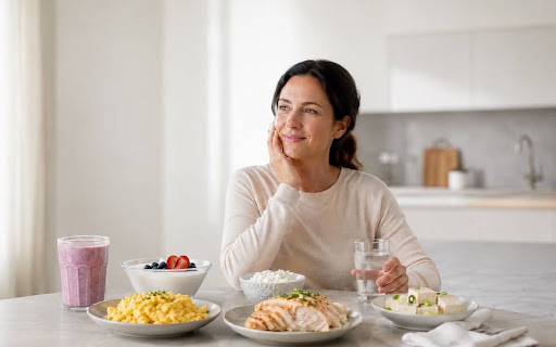 A person seated at a kitchen table with a selection of soft foods, including scrambled eggs, yoghurt, cottage cheese, and a smoothie.